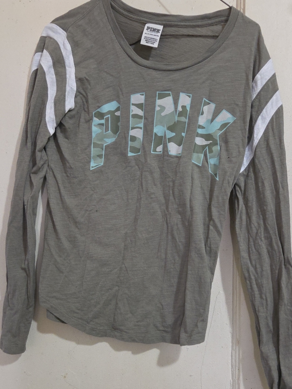 PINK Victoria's Secret Olive Green Long Sleeve Tee with White Stripe Sleeves